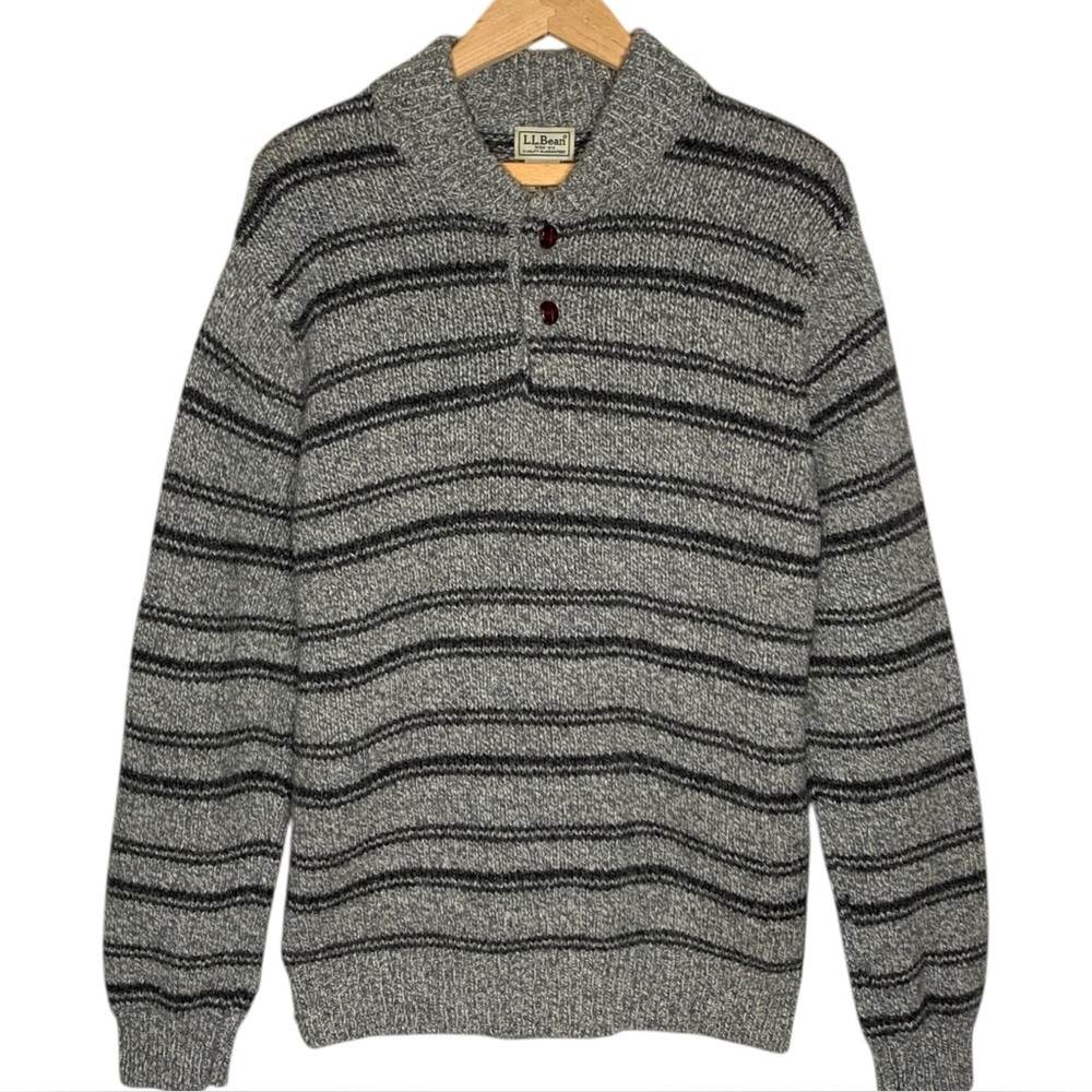 LL Bean Button Henley Pullover Sweater Mens M Gray Stripe 100% Lambswool Classic